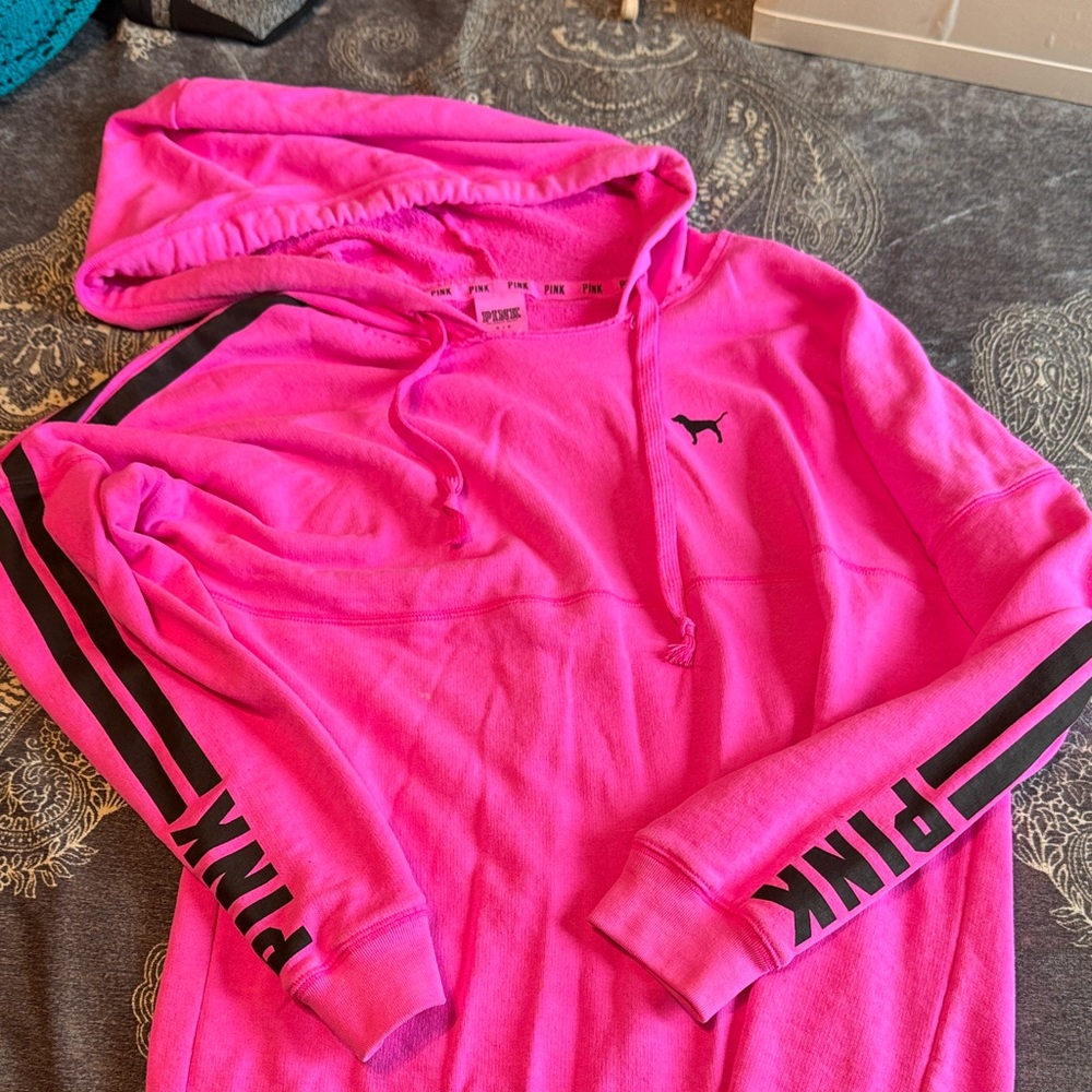PINK Victoria's Secret Bright Pink Hoodie with Black Accents